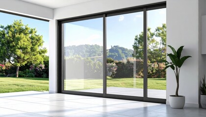 Fototapeta premium Modern indoor space featuring large glass sliding doors offering a scenic view of a lush green landscape with trees, plants, and a vibrant blue sky under bright sunlight, creating a serene and...