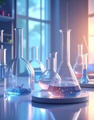 Chemistry glass equipment. 3d rendering scientific background for cosmetic product presentation
