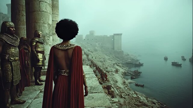Woman observing an ancient civilization's coastal settlement with boats and soldiers, historical fantasy footage