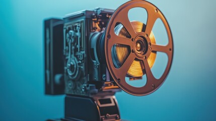Fototapeta premium Vintage film camera with reel under blue light showcasing a classic cinematic essence