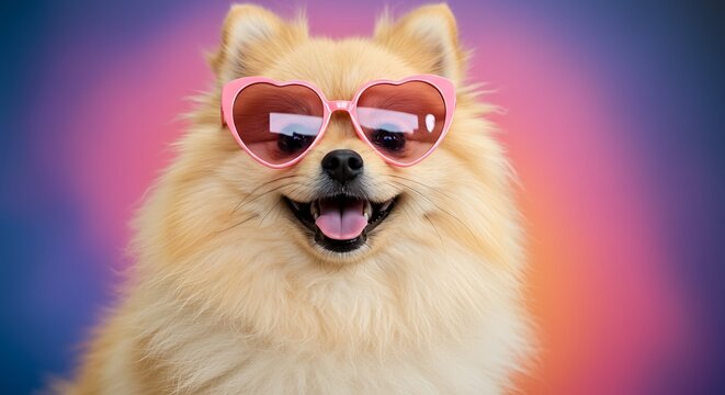 Adorable Pomeranian dog wearing pink heart-shaped sunglasses, smiling with tongue out against a vibrant gradient background