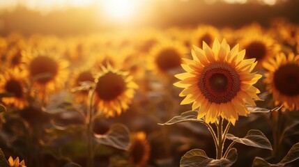 Fototapeta premium Sunflowers bloom vibrantly in a golden field during sunset in late summer