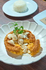 Authentic Thai Crab Omelette (Khai Jiao Poo) with Lump Crab Meat, Served with Steamed Jasmine Rice
