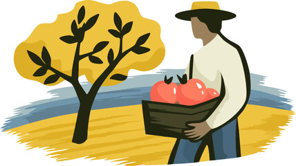 a stylized illustration of a man carrying a basket of tomatoes next to a large tree