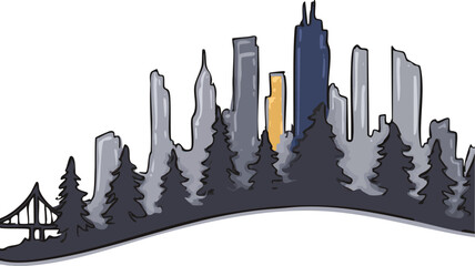 a stylized landscape depicting a city skyline with tall buildings and trees