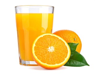 Glass of orange juice next to whole and halved oranges with leaves on white background