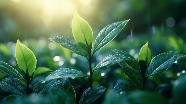 Emerging Life's Embrace: A close-up shot of lush, vibrant green leaves, showcasing nature's beauty in detail. Sunlight filters through raindrops.