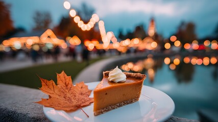 A slice of pumpkin pie on a white plate with a maple leaf beside it. Soft lights illuminate a festive autumn scene in Canada.
