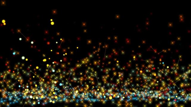 The movement of light lines and glowing circles alternately soar upwards, as if transmitting information in the digital age