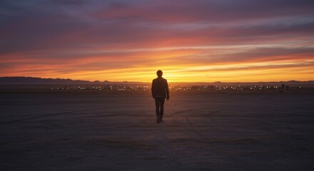 Silhouette of a person against a vibrant sunset horizon symbolizing solitude and contemplation