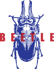 Rhinoceros Beetle Takeoff Sketch. Blue Insect Illustration, Wings Open. Red Text Graphic, Vintage Woodcut Style. High Contrast Entomology Art. Isolated on White.