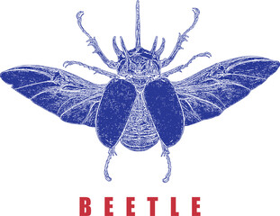 Blue Stag Beetle Stipple Style Illustration. Red Text Graphic. High Contrast Vintage Insect Art. Entomology, Nature, Bug Design. Isolated on White.