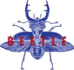 Majestic Hercules Beetle Long Horn Stipple Illustration. Blue Insect Graphic, Red Text. Vintage Entomology Art, High Contrast Design. Isolated on White.