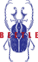 Giant Stag Beetle Illustration. Blue Insect Engraving Style with Large Mandibles. High Contrast Vintage Art, Red Text Graphic for T-Shirt Design. Entomology, Lucanus. Isolated.