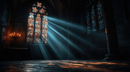 Sunlight streams through gothic church window, creating mysterious, peaceful interior