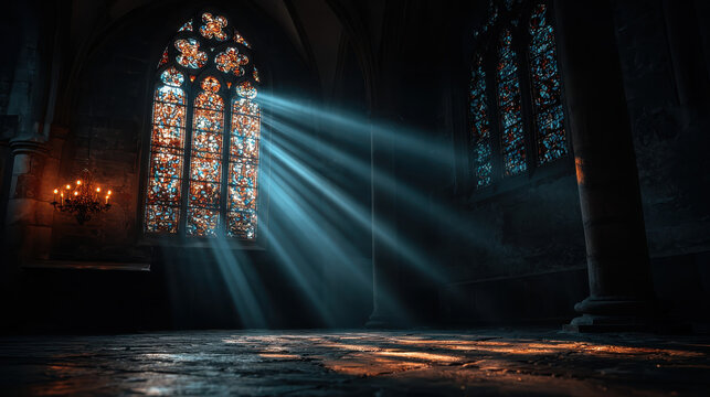 Sunlight streams through gothic church window, creating mysterious, peaceful interior - Powered by Adobe
