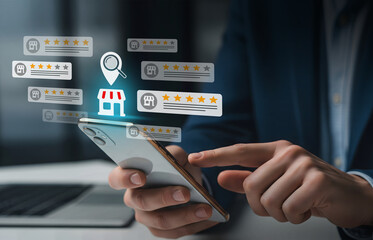 Mobile Review System for Local Business Ratings, Smartphone shows glowing storefront and star-rated feedback cards