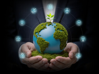 Global Sustainability Through Integrated Green Solutions, Hand holds moss globe with icons of eco-friendly innovations