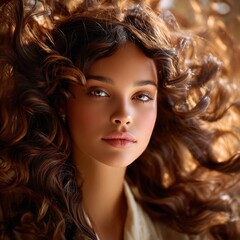 Fototapeta premium Beautiful model showing long brown wavy hair for hair salon poster