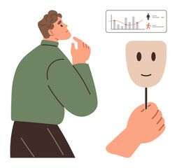 Thoughtful man ponders while holding a mask with a fake smile, next to a data chart. Ideal for themes thumbs up identity, decision-making, analytics, emotions, psychology, deception, personal growth