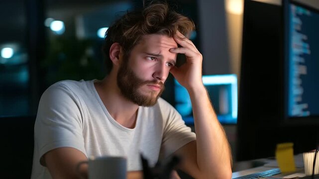 A stressed software engineer seated at a cluttered desk fingers running through hair while staring at broken lines of code on dual monitors coffee cup half empty beside scattered