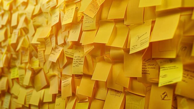 Endless wall of yellow sticky notes forms a tactile productivity backdrop, symbolizing brainstorming, organization, sprints, and agile teamwork in creative studios and startups.