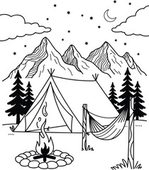 Camping scene with tent, campfire, hammock, mountains, and starry sky Keywords: camping, tent