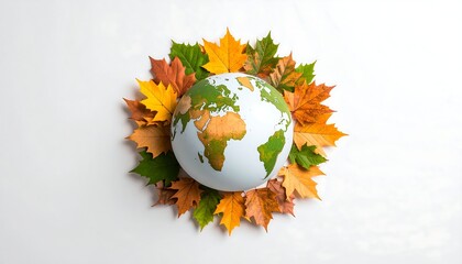 Earth globe encircled by autumn leaves