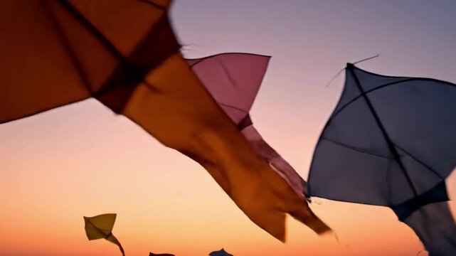 Kites flying in the dusk sky, with orange and blue colored fabrics against a light gradient sky background, capturing the vibrant atmosphere.
