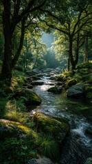 A sunlit stream flows through a lush forest, framed by trees, and speckled with rocks