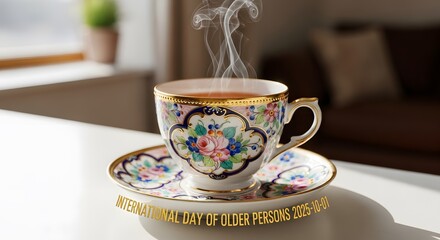 Porcelain Teacup with Steam and Gold Inscription – International Day of Older Persons 2025-10-01 Tribute