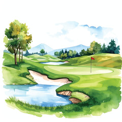 Golf Course Drawing Realistic Watercolor Illustration on White Background