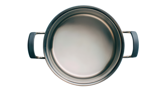 kitchen pot flat lay with center focus and white empty space around isolated on a Transparent background, PNG file.