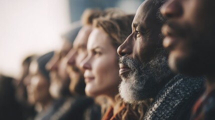 A diverse group of people standing together in support, symbolizing Mental Illness Awareness Week, soft natural lighting