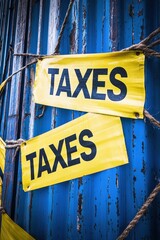 Yellow signs with the word taxes on blue metal wall symbolizing finance economy payment and regulation