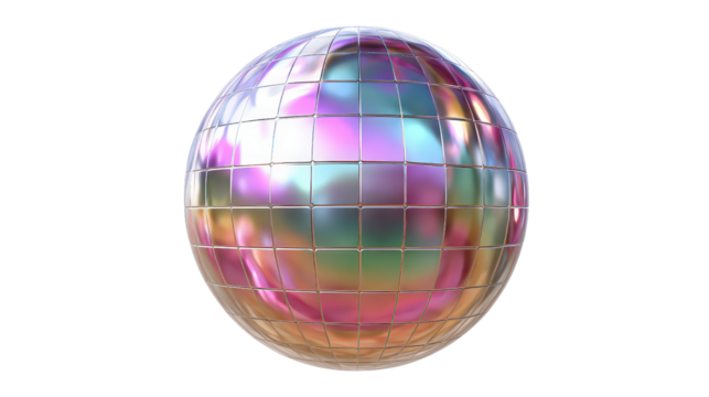 mirror ball with multicolor reflections, top view on white isolated on a Transparent background, PNG file.