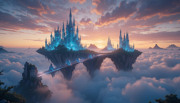 A breathtaking view of a crystal castle floating above the clouds at sunset