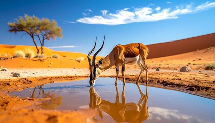A desert scene showcases an antelope drinking from a small pool, with sand dunes, a sparse tree, and a vibrant blue sky