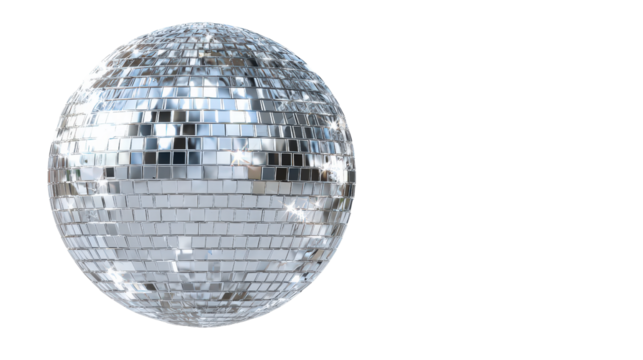 mirror ball with sparkling tiles, overhead view isolated on a Transparent background, PNG file.