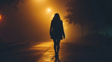 Silhouette of woman walking alone on empty street at night with fog orange lights and dark mysterious mood