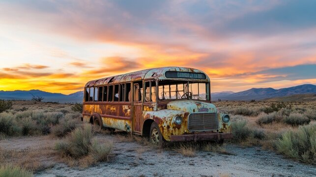 Old rusty bus abandoned in desert landscape with dry grass and mountains at sunset sky in background - Powered by Adobe