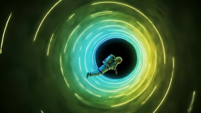 Astronaut floating through a glowing colorful wormhole in deep space