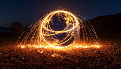 Earth globe encircled by fiery trails of light
