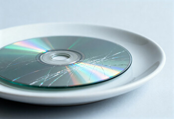 Cracked compact disc lying on a white plate with visible scratches and reflective surface under soft lighting