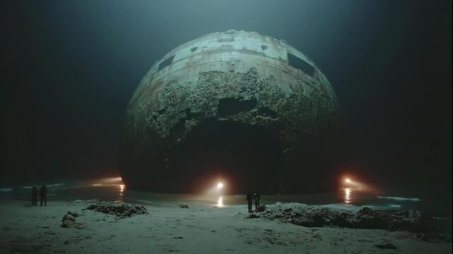 Explorers with flashlights approach a mysterious, ancient, sphere-shaped wreckage on an unknown shore, revealing a sci-fi enigma footage.