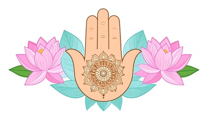 Intricate henna mandala adorns a palm, flanked by two delicate pink lotuses and teal leaves