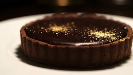 Cinematic Close-Up Reveal of a Gourmet Chocolate Ganache Tart with Sparkling Gold Flakes - Powered by Adobe
