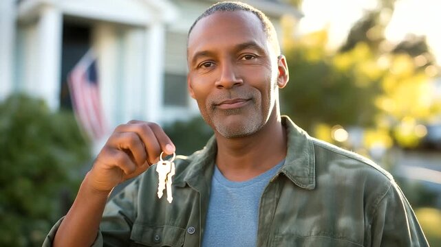 An excited army veteran smiling proudly while holding house keys in front of a new home soft golden light creating warmth flag gently waving in the background atmosphere of