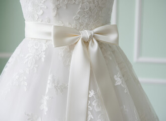 Close up of elegant white lace bridal gown with satin ribbon bow and intricate floral embroidery details for wedding fashion