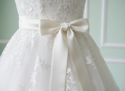 Close up of elegant white lace bridal gown with satin ribbon bow and intricate floral embroidery details for wedding fashion